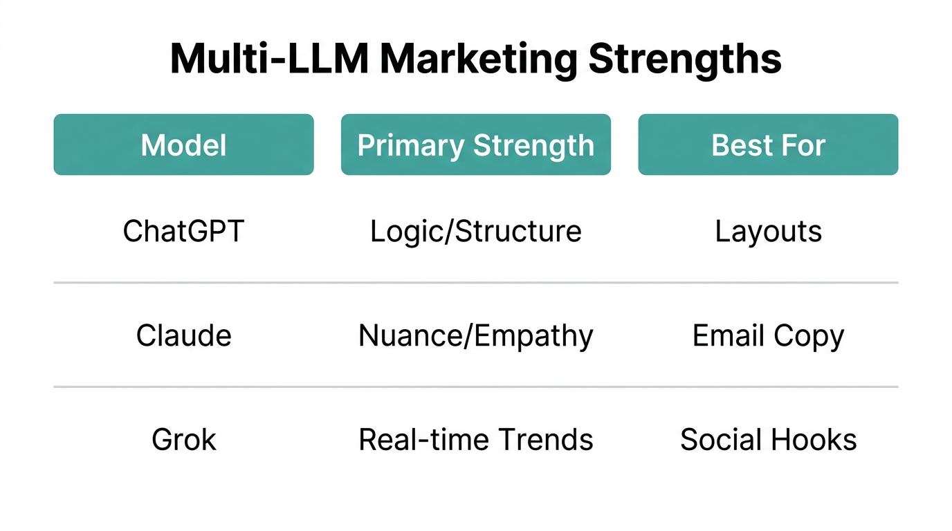 Comparison of LLM strengths for different marketing tasks in 2026.