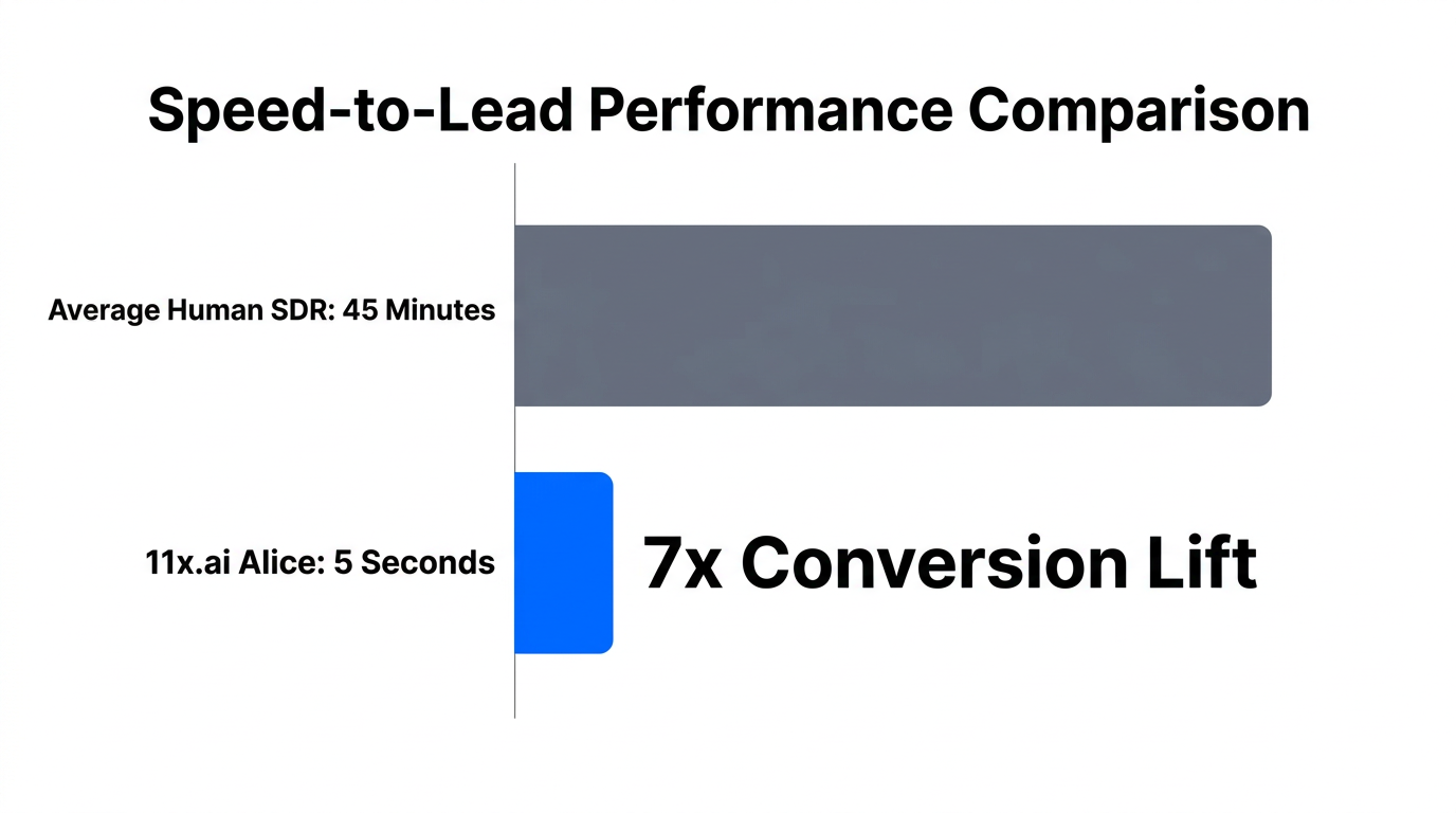 Comparison of lead response times between human SDRs and 11x.ai Alice.