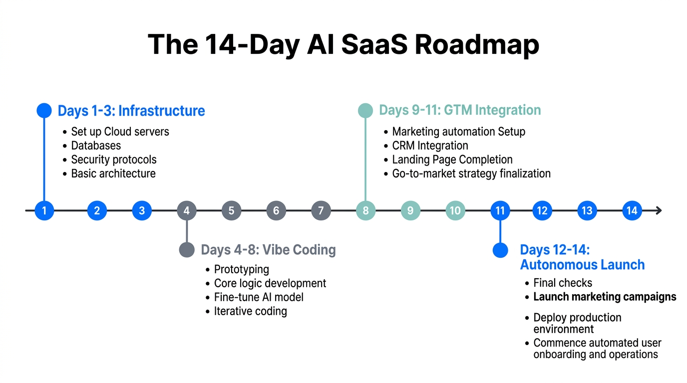 Timeline of the 14-day AI SaaS build and launch process