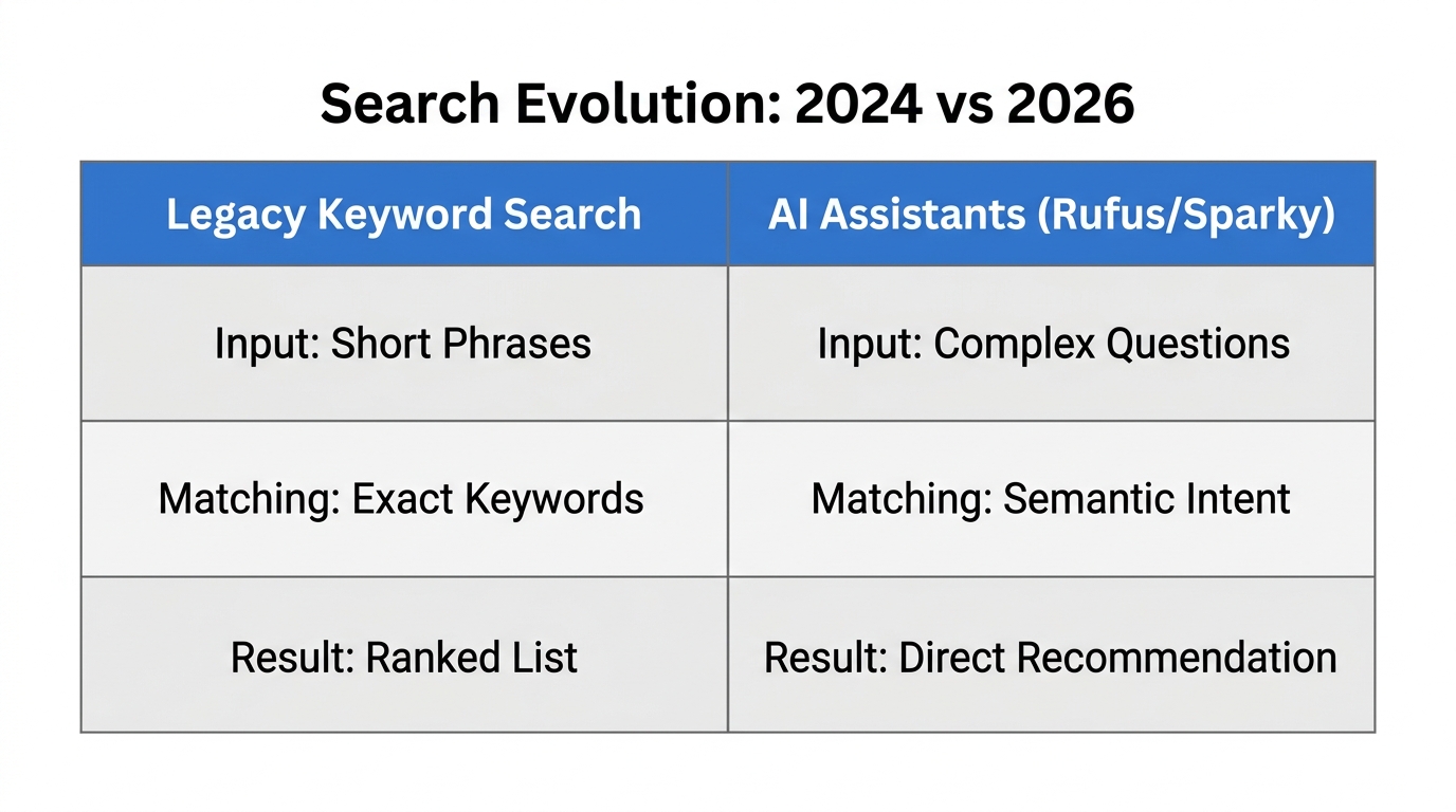 Comparison of traditional keyword search versus modern AI assistant behavior.