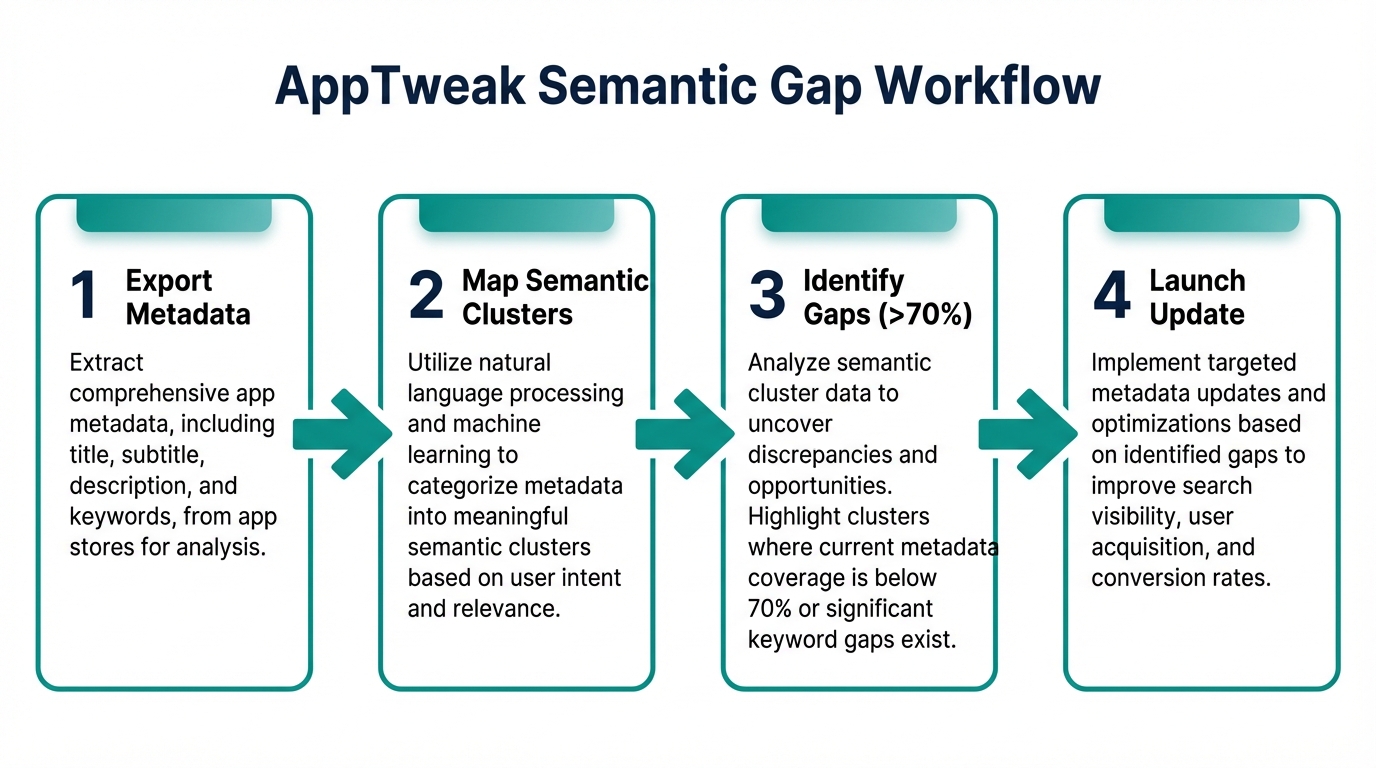 Step-by-step workflow for identifying semantic gaps using AppTweak analytics.