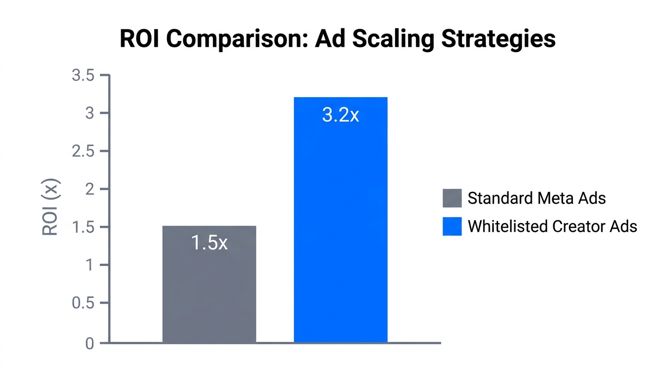 ROI comparison between standard Meta ads and whitelisted influencer content.
