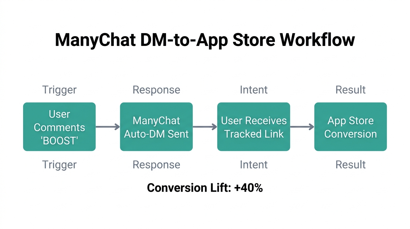 Workflow showing how ManyChat automation bridges social engagement and downloads.