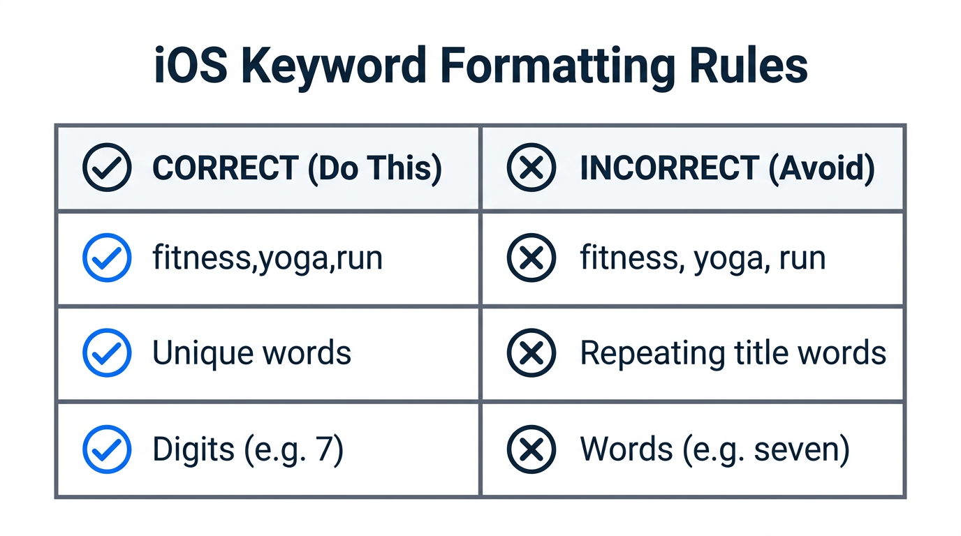 Technical formatting dos and don'ts for the App Store keyword field.