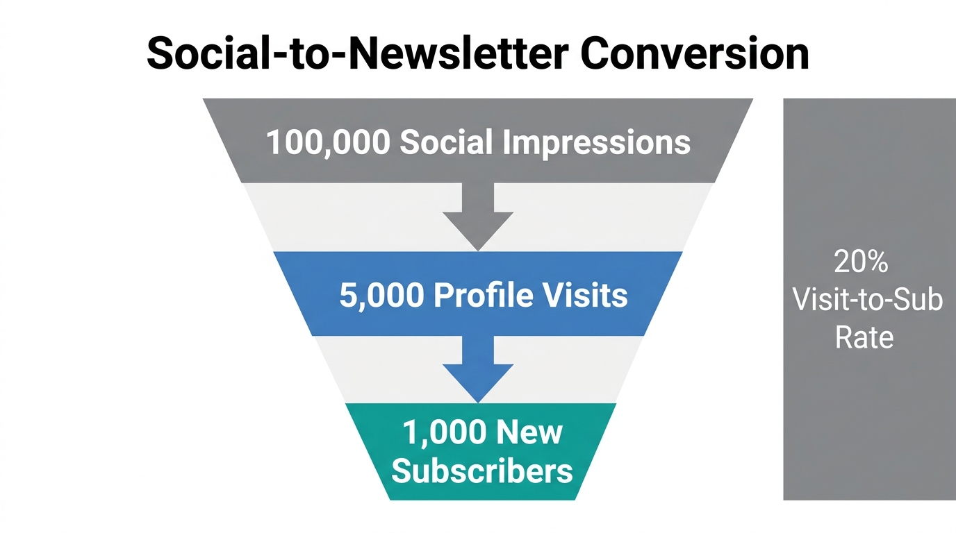 Conversion funnel mapping the journey from social reach to subscribers.