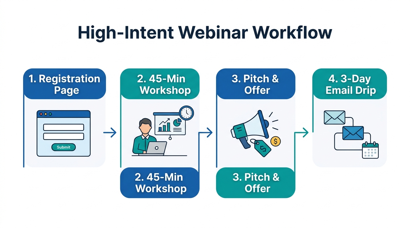 The four-step process for converting webinar attendees into customers.