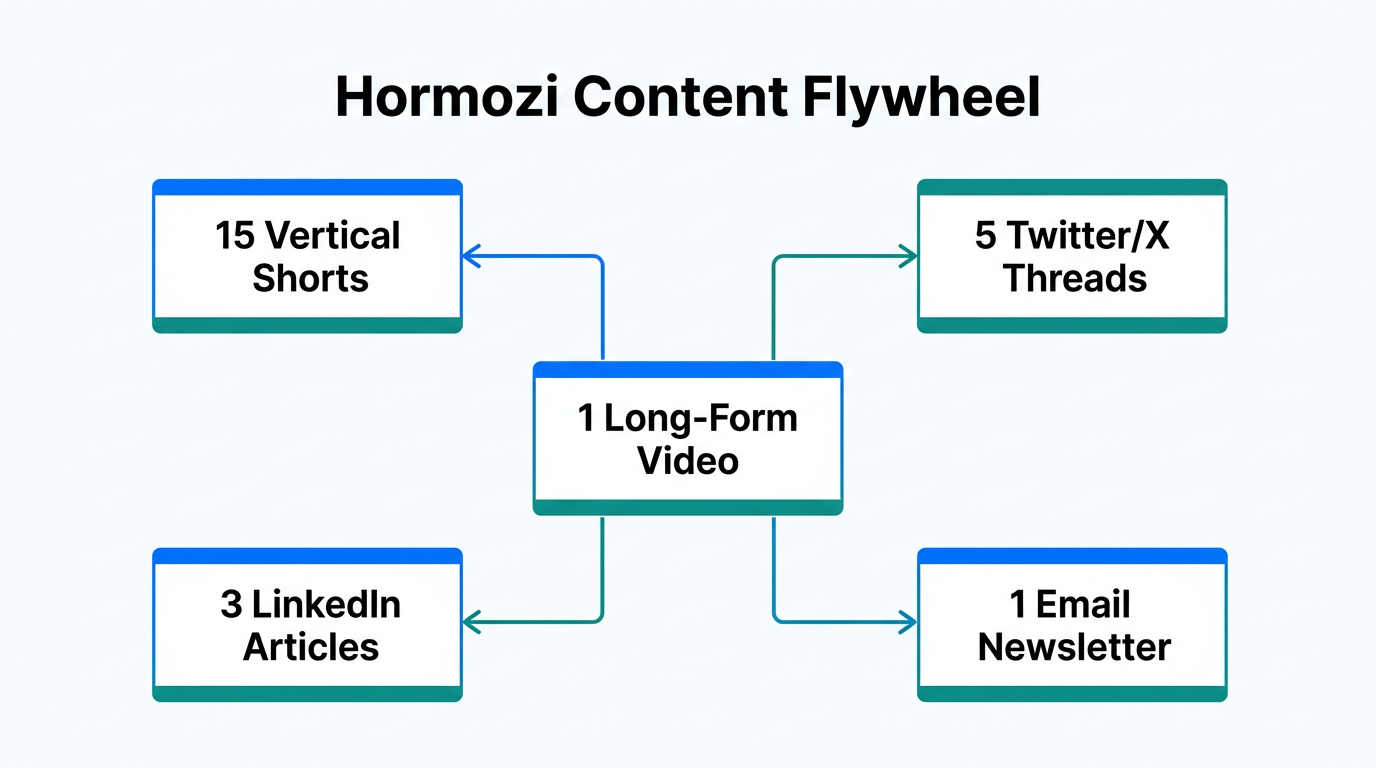 Alex Hormozi's strategy for scaling content volume through repurposing.