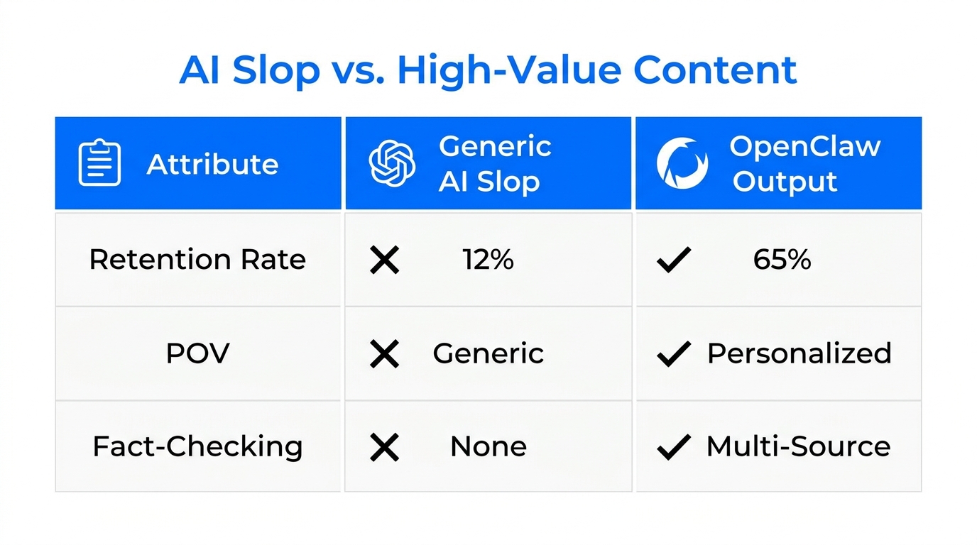 Data comparison between standard AI content and high-retention OpenClaw outputs.