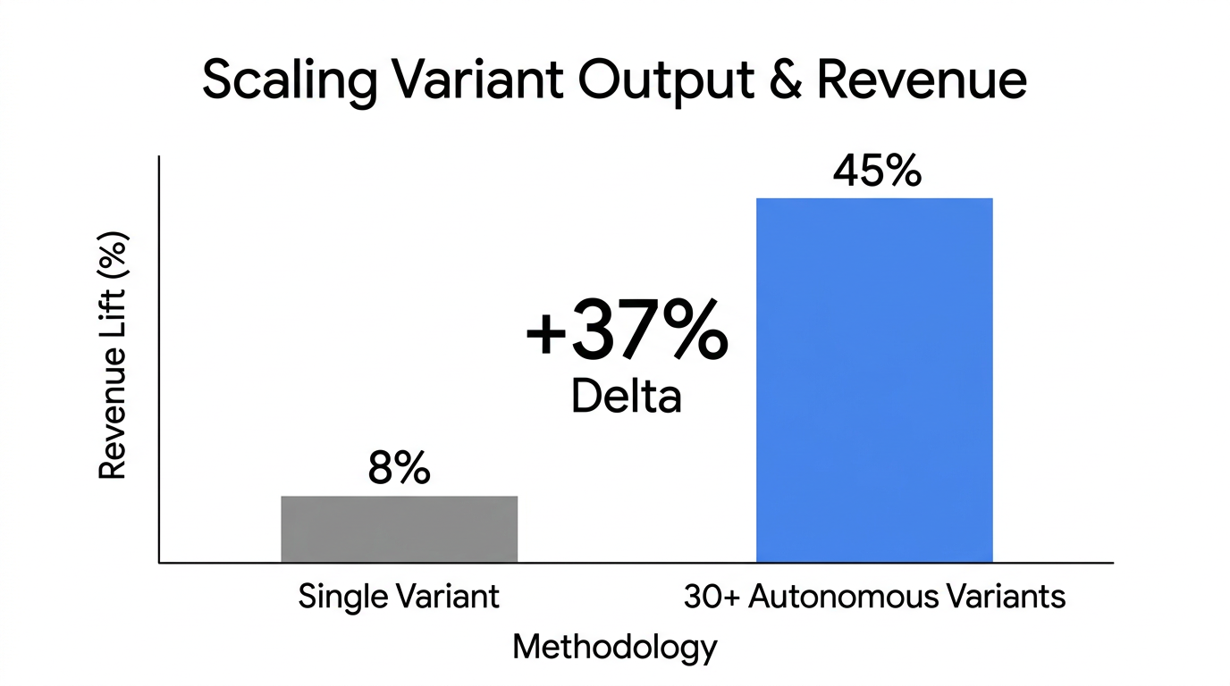 Revenue lift comparison between single manual variants and massive agentic scaling.