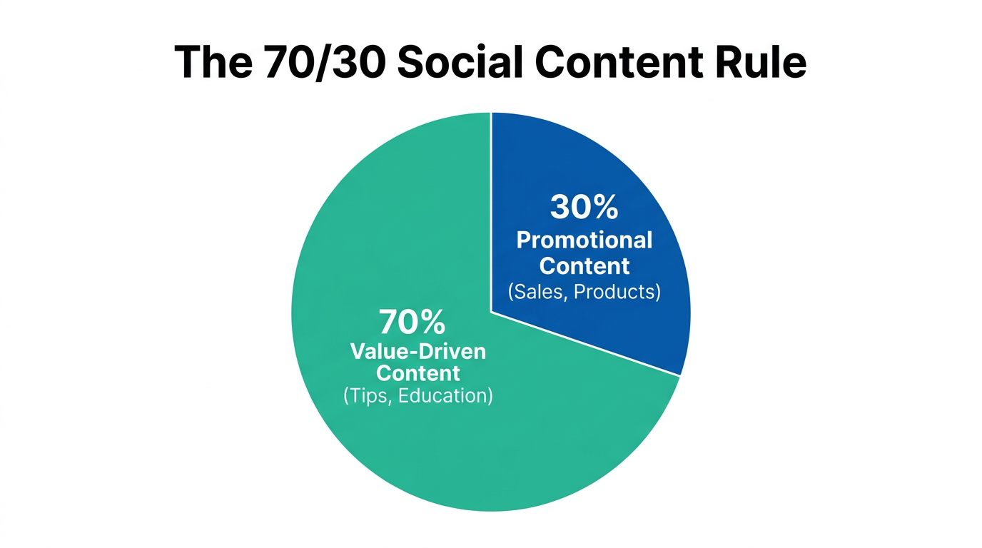 Balanced content strategy using the 70/30 social commerce rule.