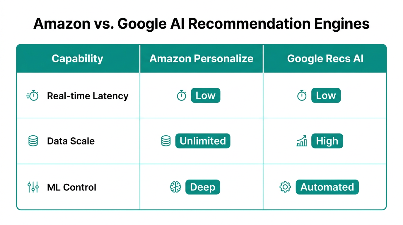 Direct comparison between Amazon Personalize and Google Recommendations AI features.