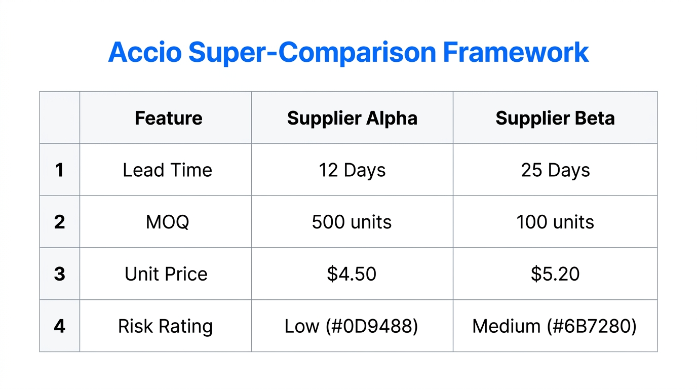 A side-by-side comparison of supplier metrics using the Accio tool.