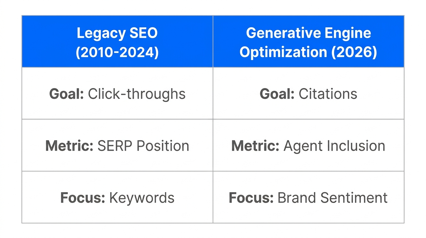 A direct comparison between traditional SEO and 2026 GEO strategies.