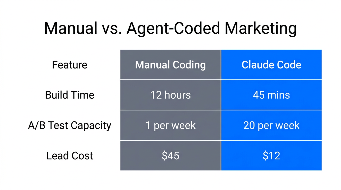 Efficiency and cost comparison between manual and agent-driven marketing workflows.