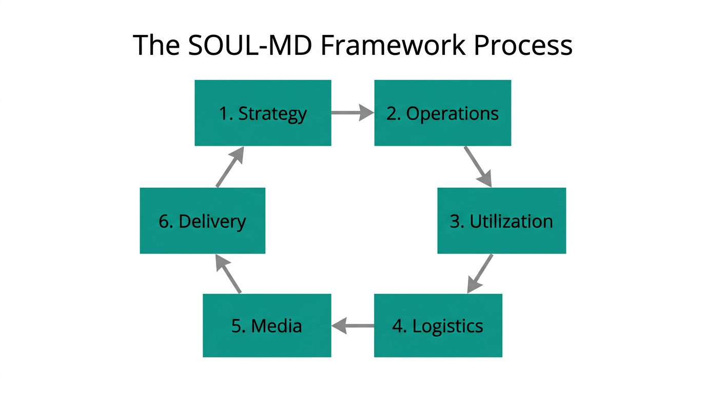 The six stages of the SOUL-MD framework for AI agents.
