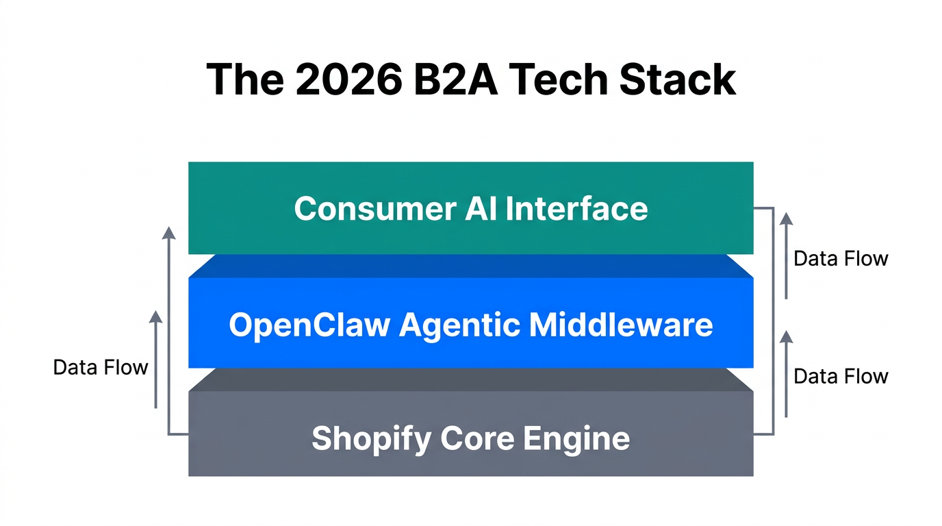 The architectural layers of a modern 2026 agentic commerce stack.
