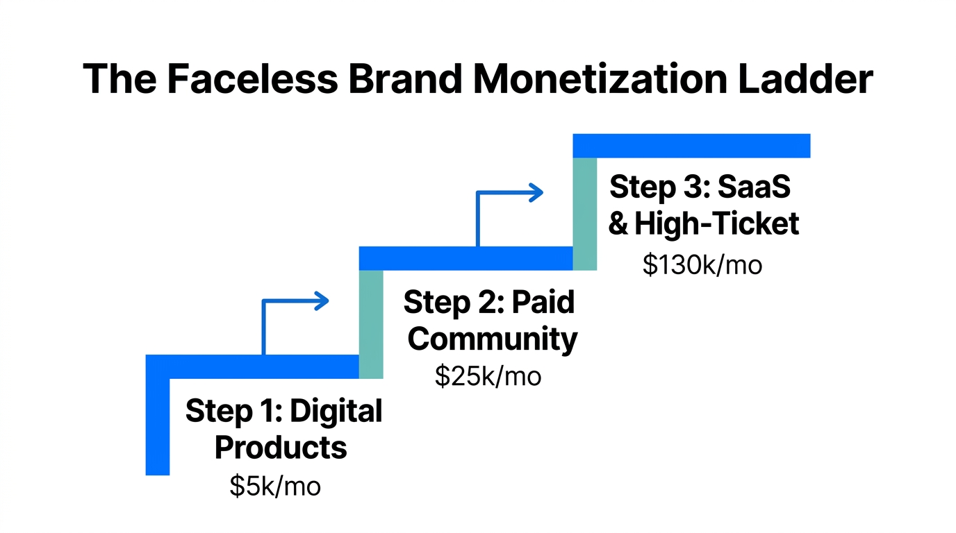 Phases of revenue growth from digital products to high-ticket scaling.