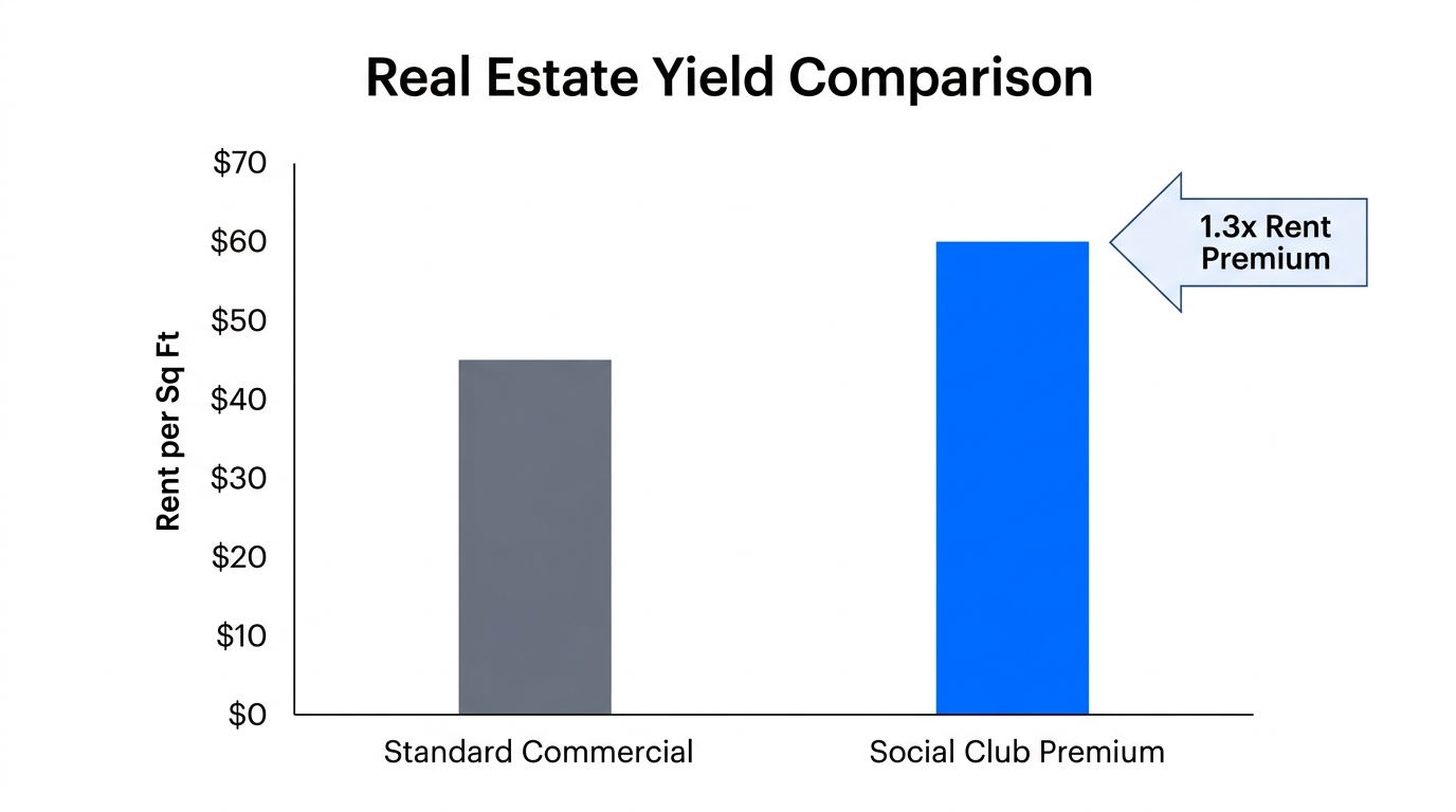Comparison of rental yields between standard office and social clubs.