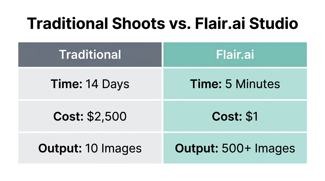 Efficiency comparison between traditional product photography and Flair.ai design studio.
