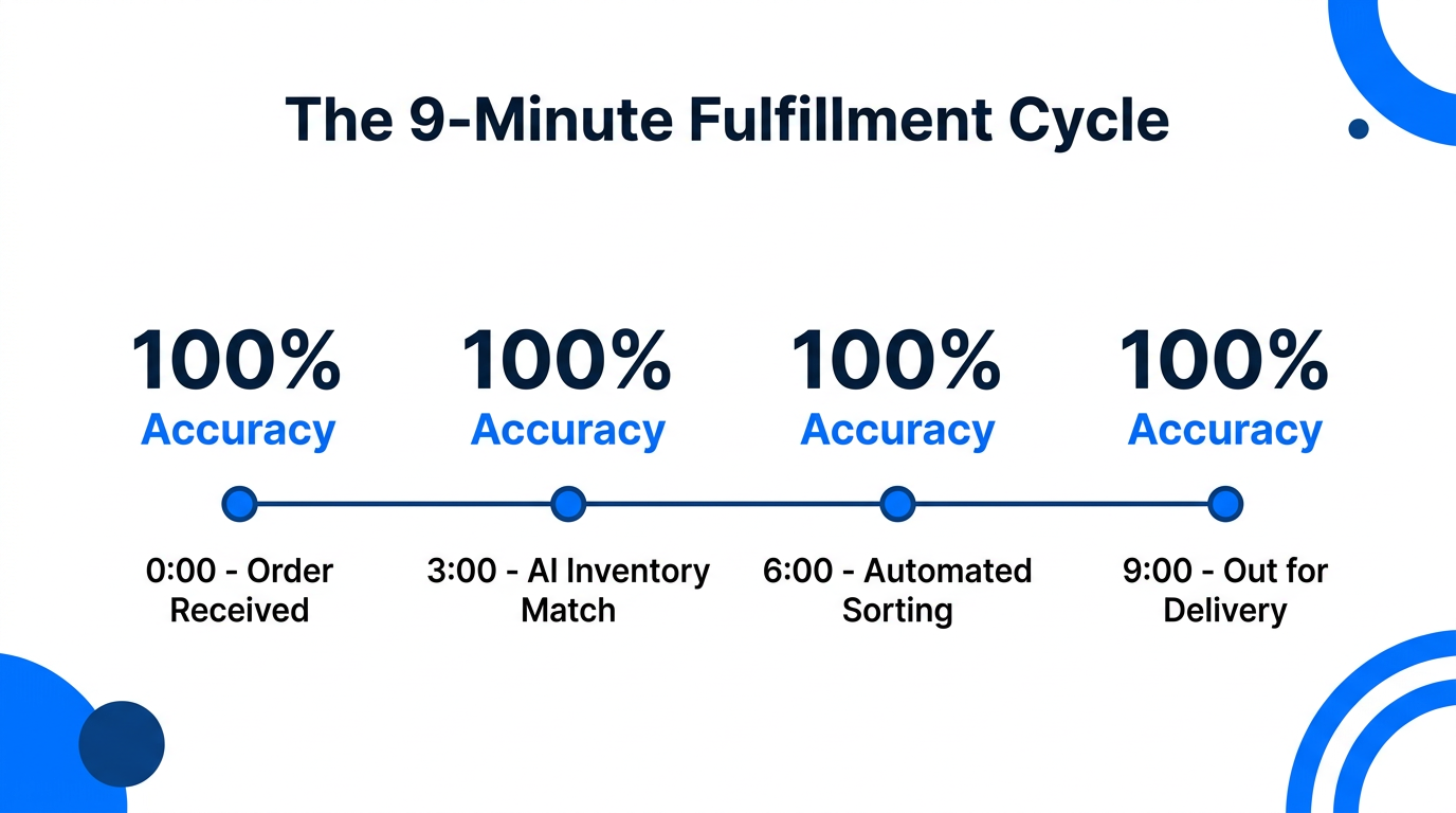 Milestones of the high-speed 9-minute fulfillment execution process.