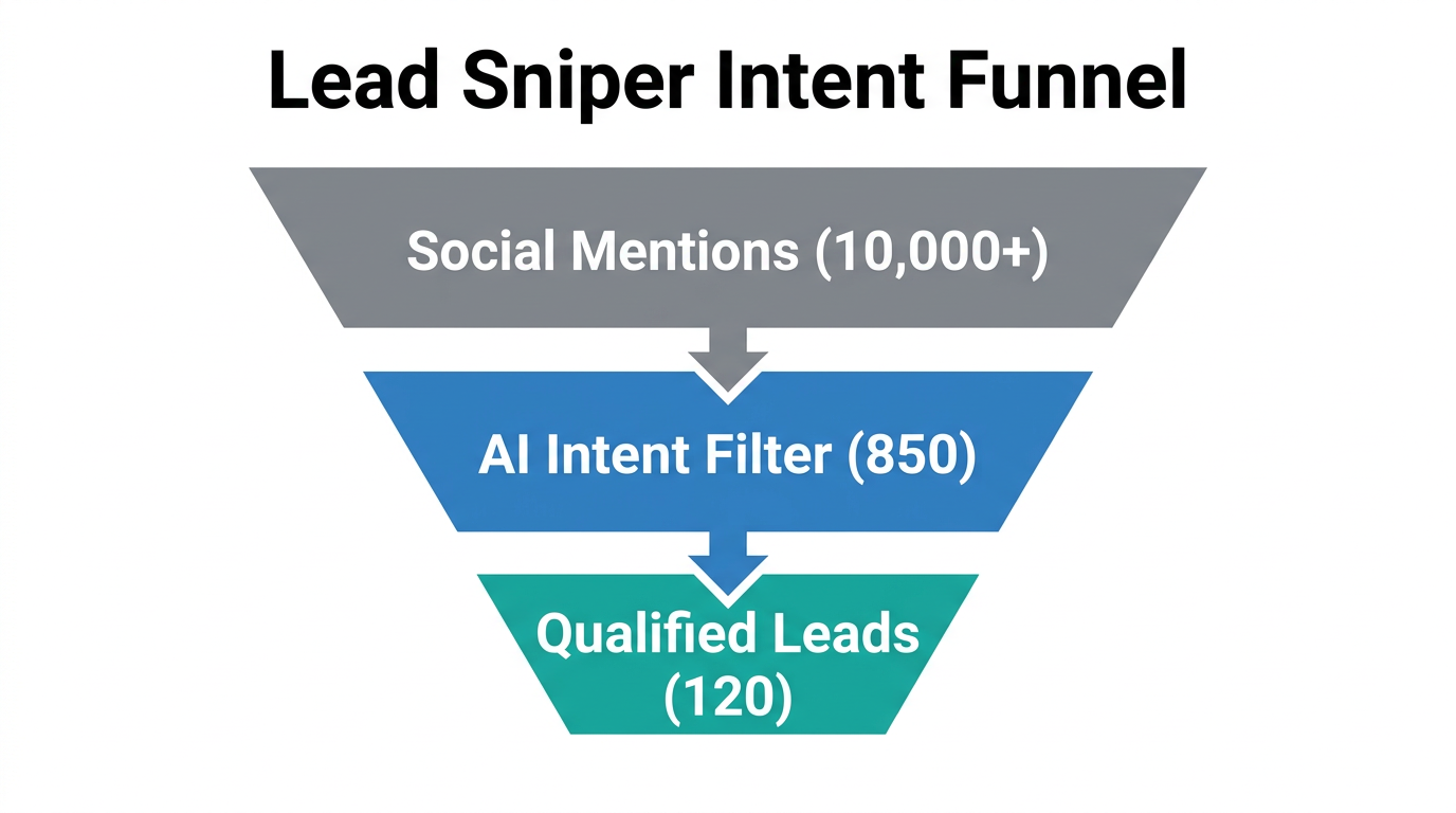Funnel visualization of social mentions filtered into qualified intent-based leads.