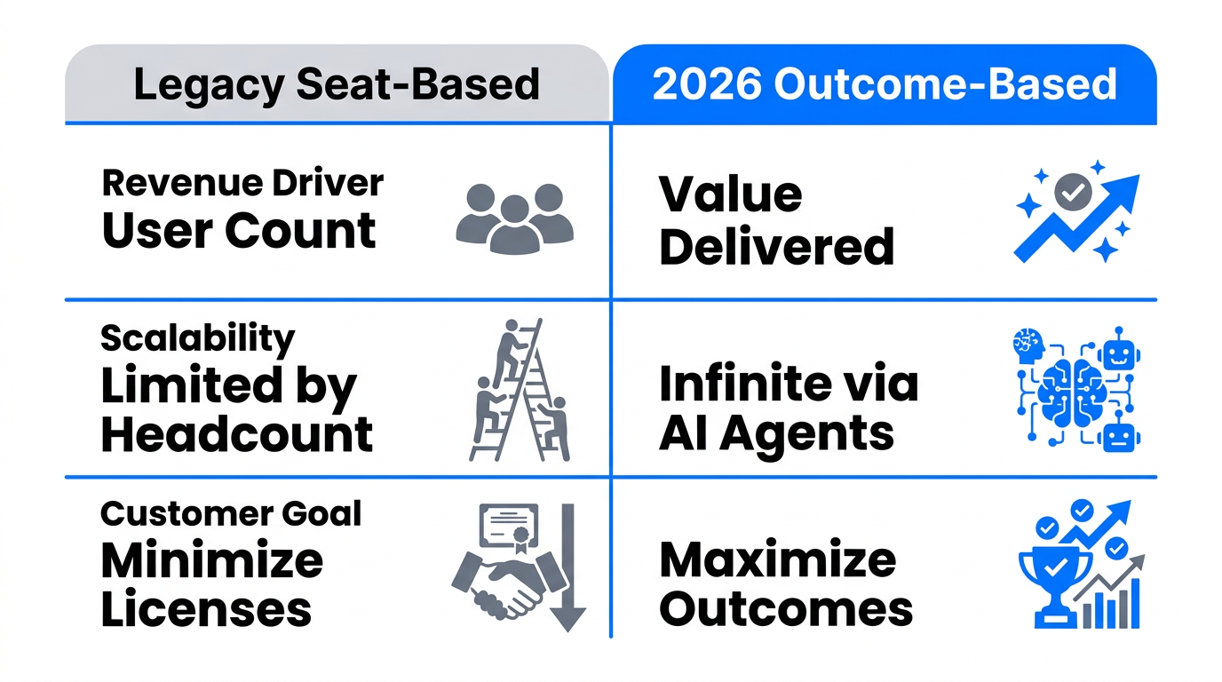 Comparison of legacy seat-based pricing versus modern outcome-based models.