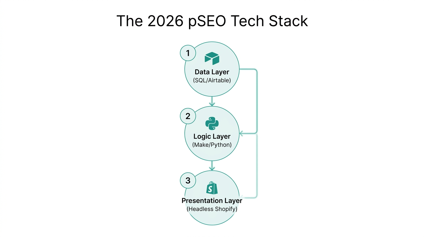 A three-tier technology stack for modern programmatic SEO implementation.