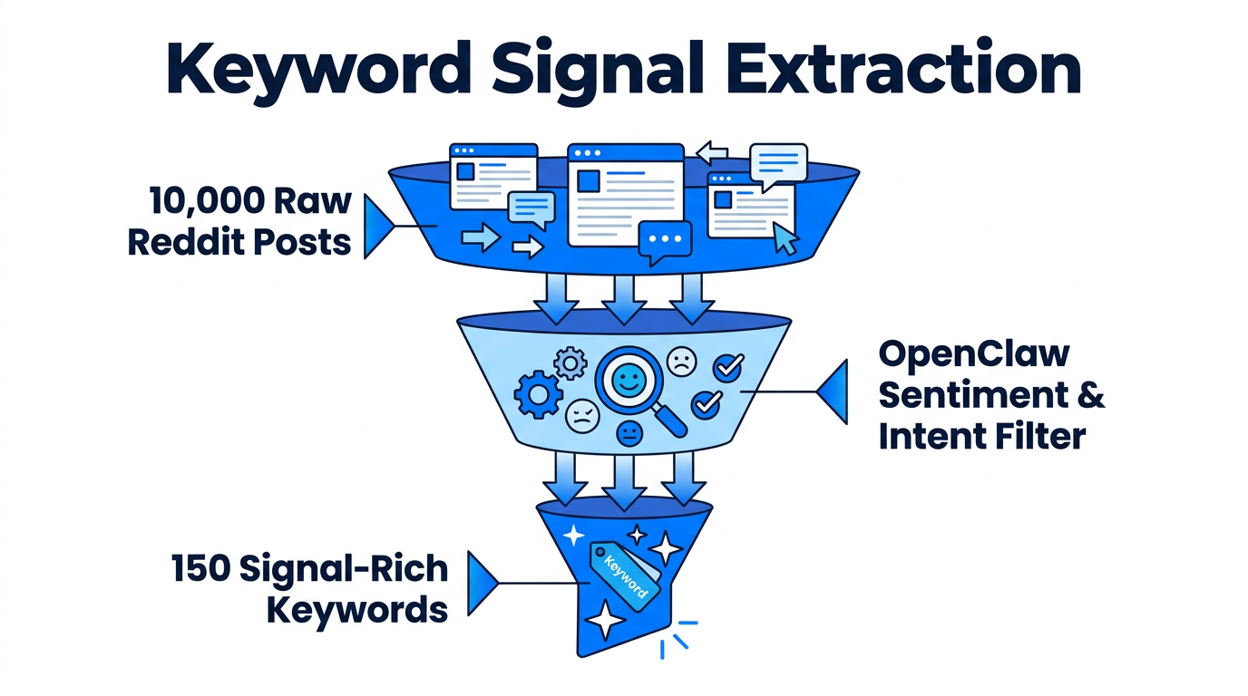 Funnel showing the extraction of high-intent keywords from Reddit discussions.