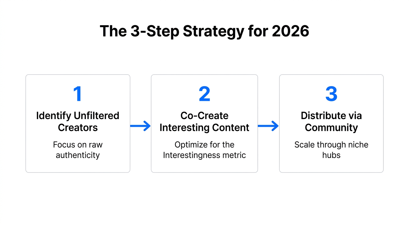 The three-step workflow for implementing an interest-driven creator strategy.