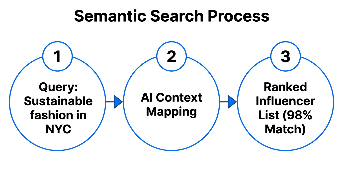 Three-step semantic search process for identifying hyper-niche influencer talent.
