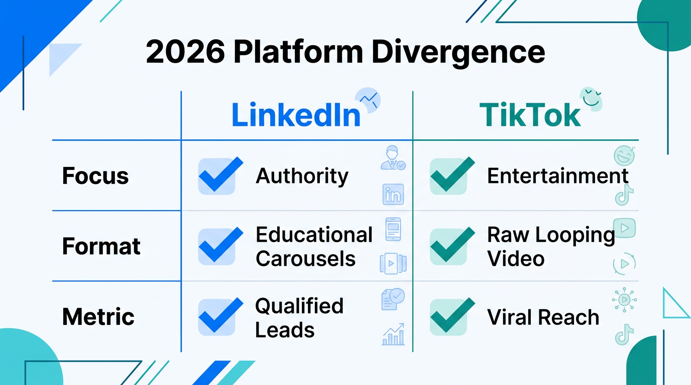 Comparison of content focus and metrics for LinkedIn and TikTok.