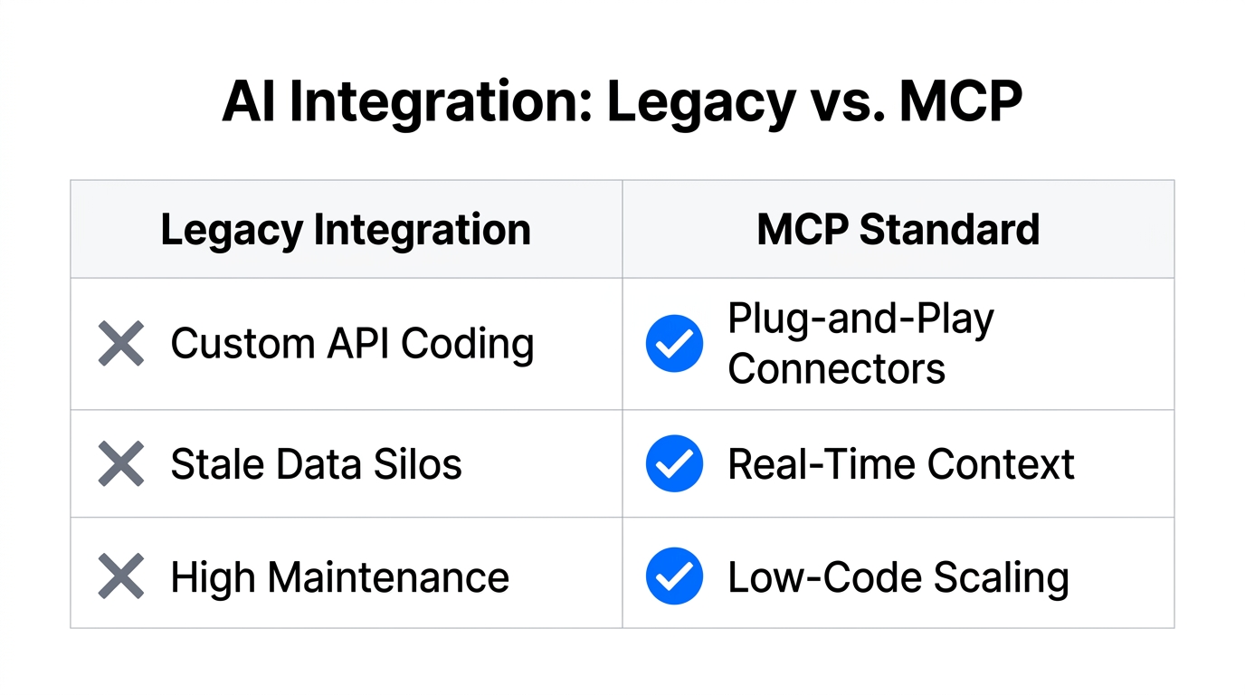Comparison of traditional API integrations versus the standardized MCP approach.