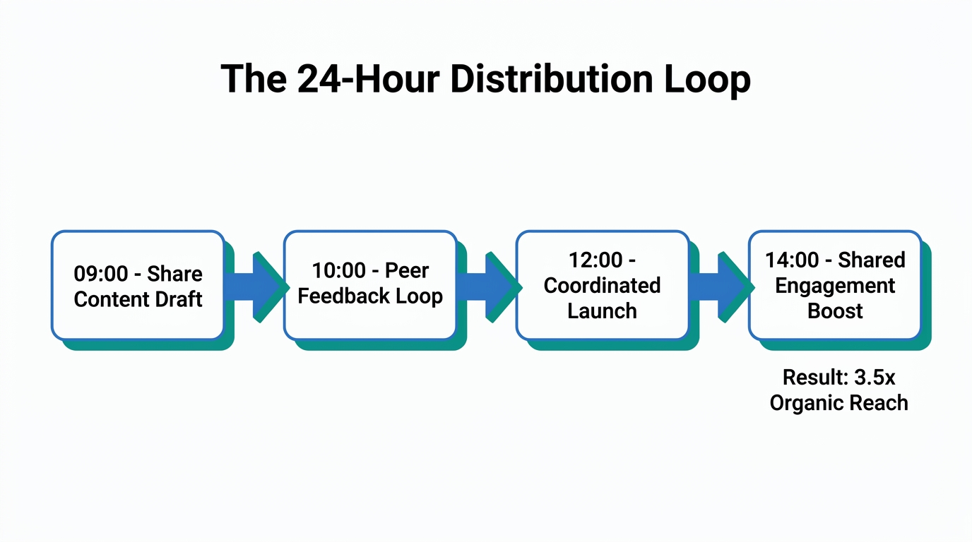 A typical daily workflow for coordinated content distribution in peer groups.