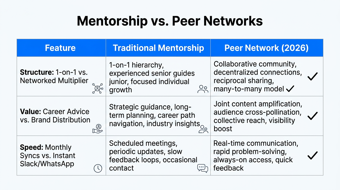 Comparison of traditional mentorship models versus high-growth peer distribution networks.