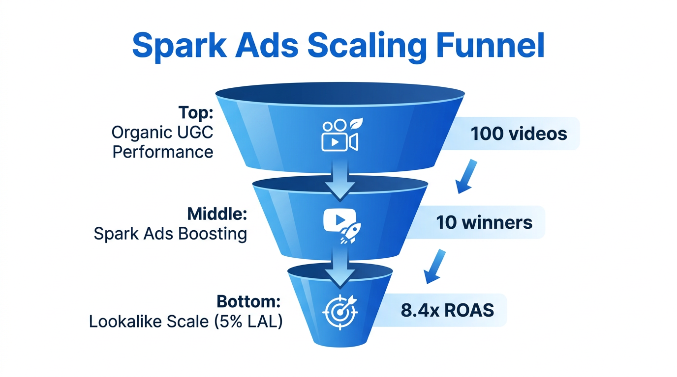 Funnel visualization for scaling ecommerce spend via Spark Ads.