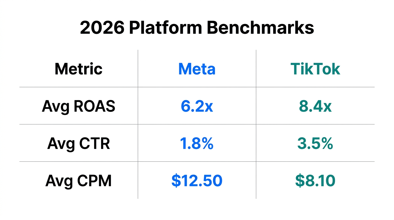 Comparison of 2026 performance benchmarks for Meta and TikTok ads.