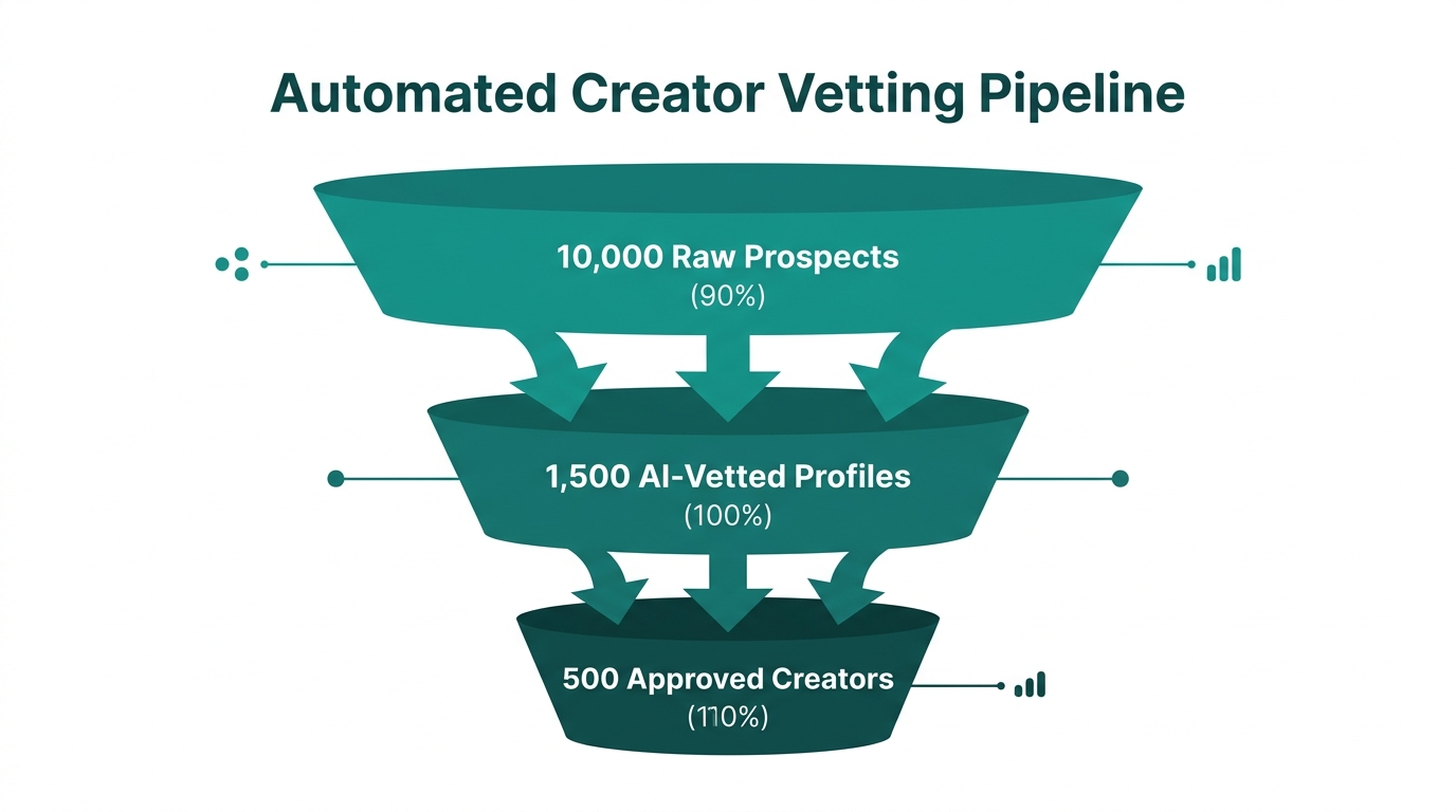 A three-stage funnel showing the automated vetting process for scaling.