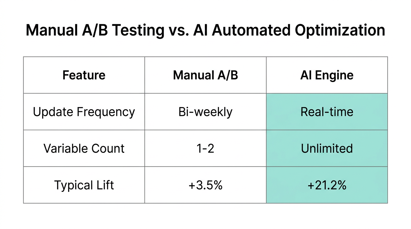 Comparison of traditional A/B testing versus continuous AI-driven optimization.