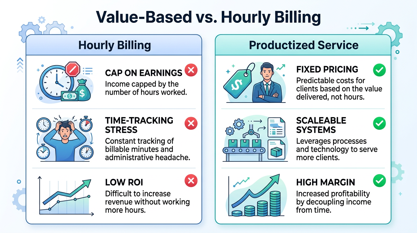 Comparing the limitations of hourly billing vs. productized scalability.