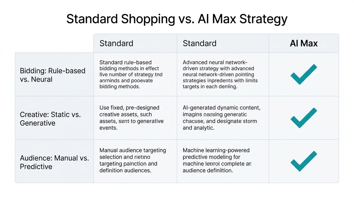 Feature comparison between legacy shopping campaigns and 2026 AI Max.