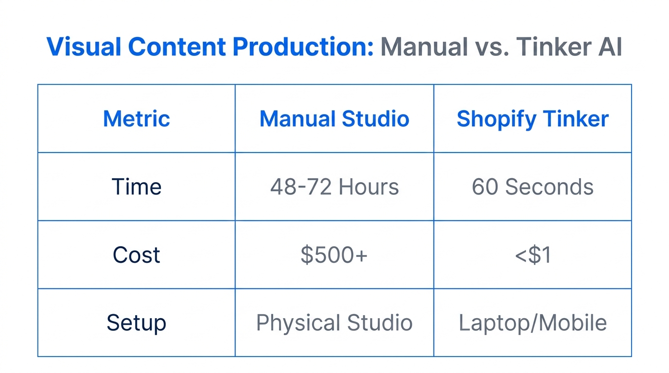 Comparison of production efficiency between traditional photography and Shopify Tinker AI.
