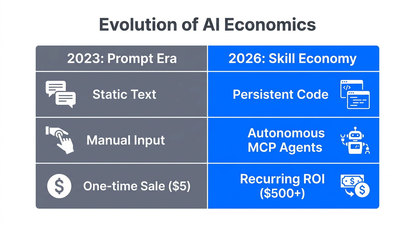 Comparison showing the shift from one-off prompts to high-value persistent skills.