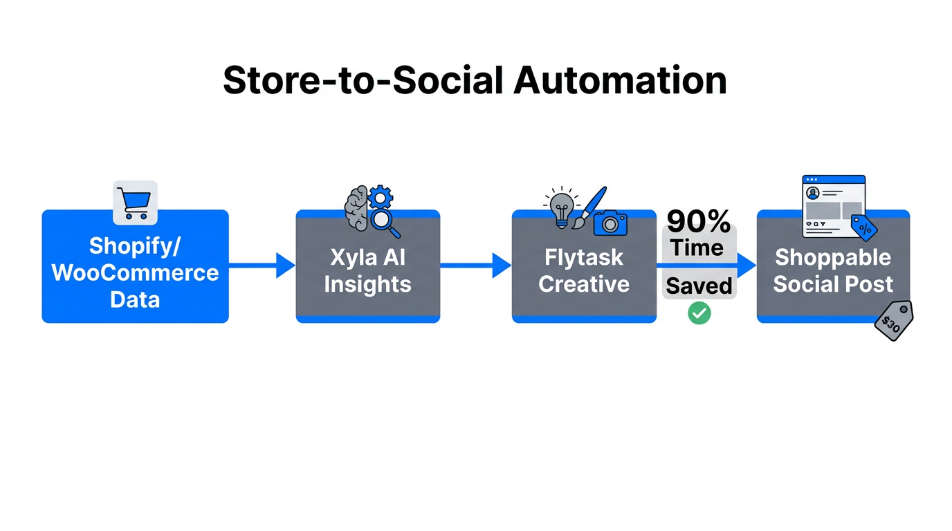 Workflow showing how store data becomes automated shoppable social posts.