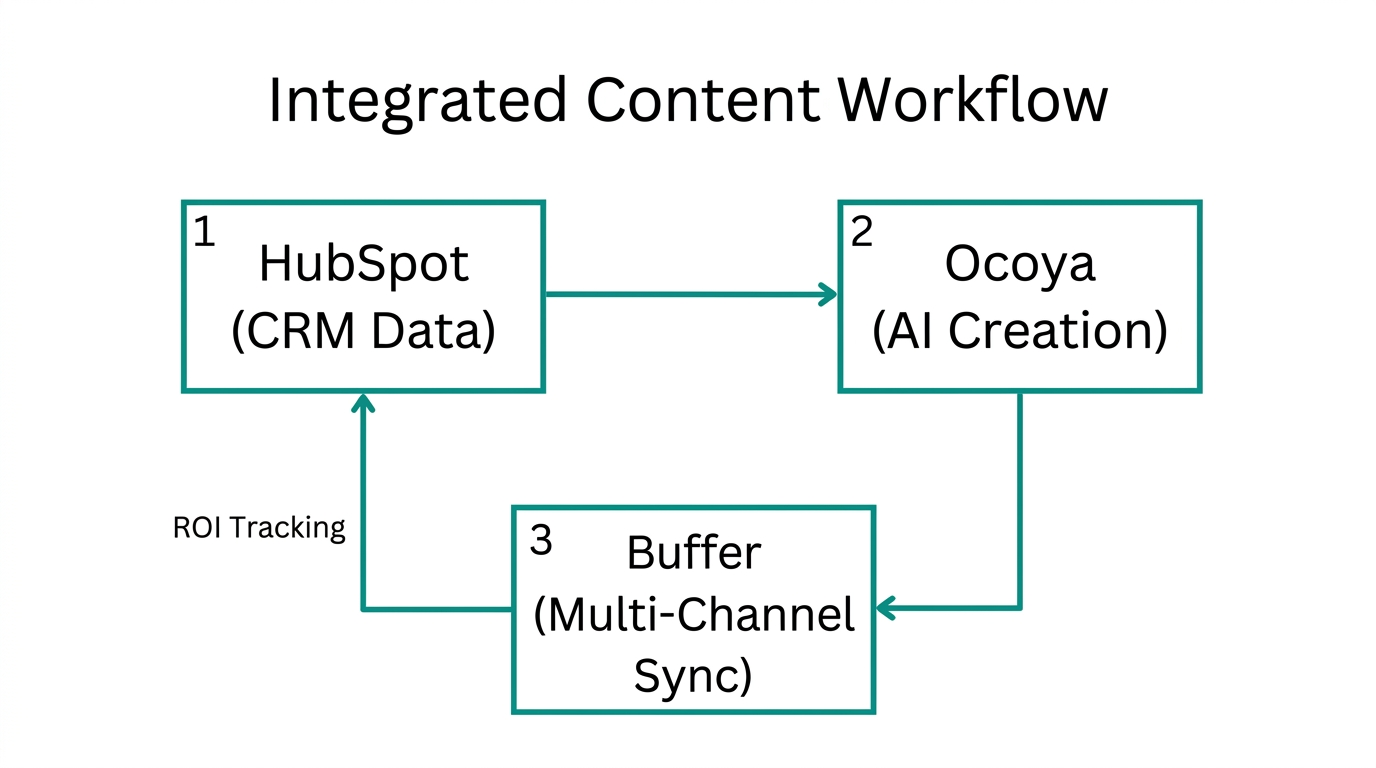 Workflow diagram showing integration between HubSpot CRM, Ocoya, and Buffer.