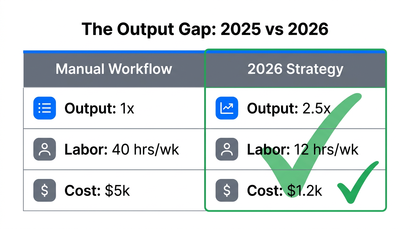 Comparison of traditional manual workflows versus the 2026 automated output strategy.