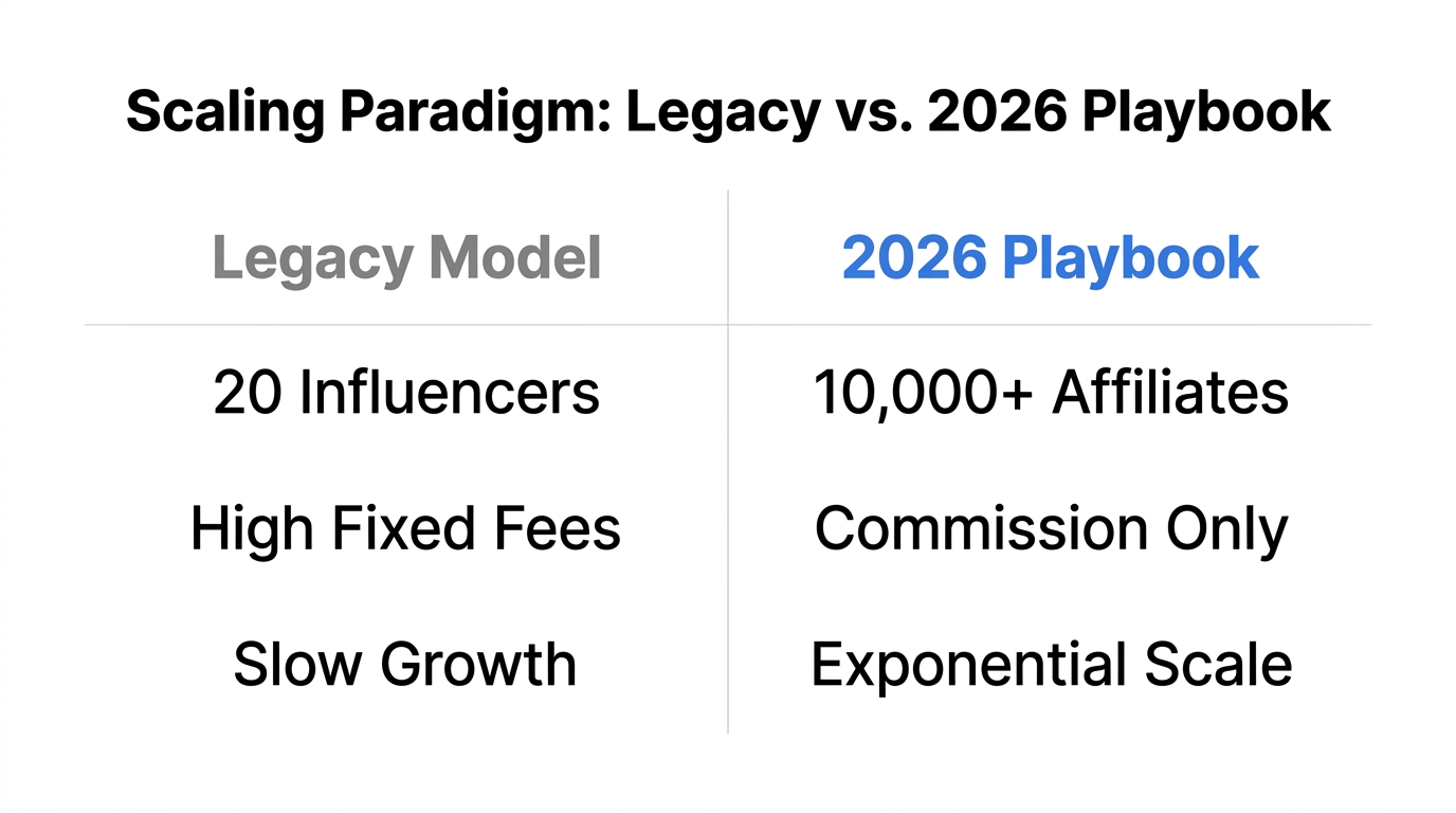 Comparison of traditional influencer marketing versus the 2026 high-volume affiliate model.