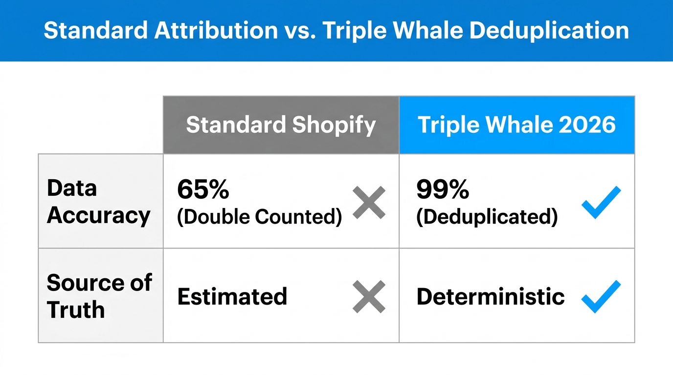 Comparison between standard tracking errors and Triple Whale's deduplicated accuracy.