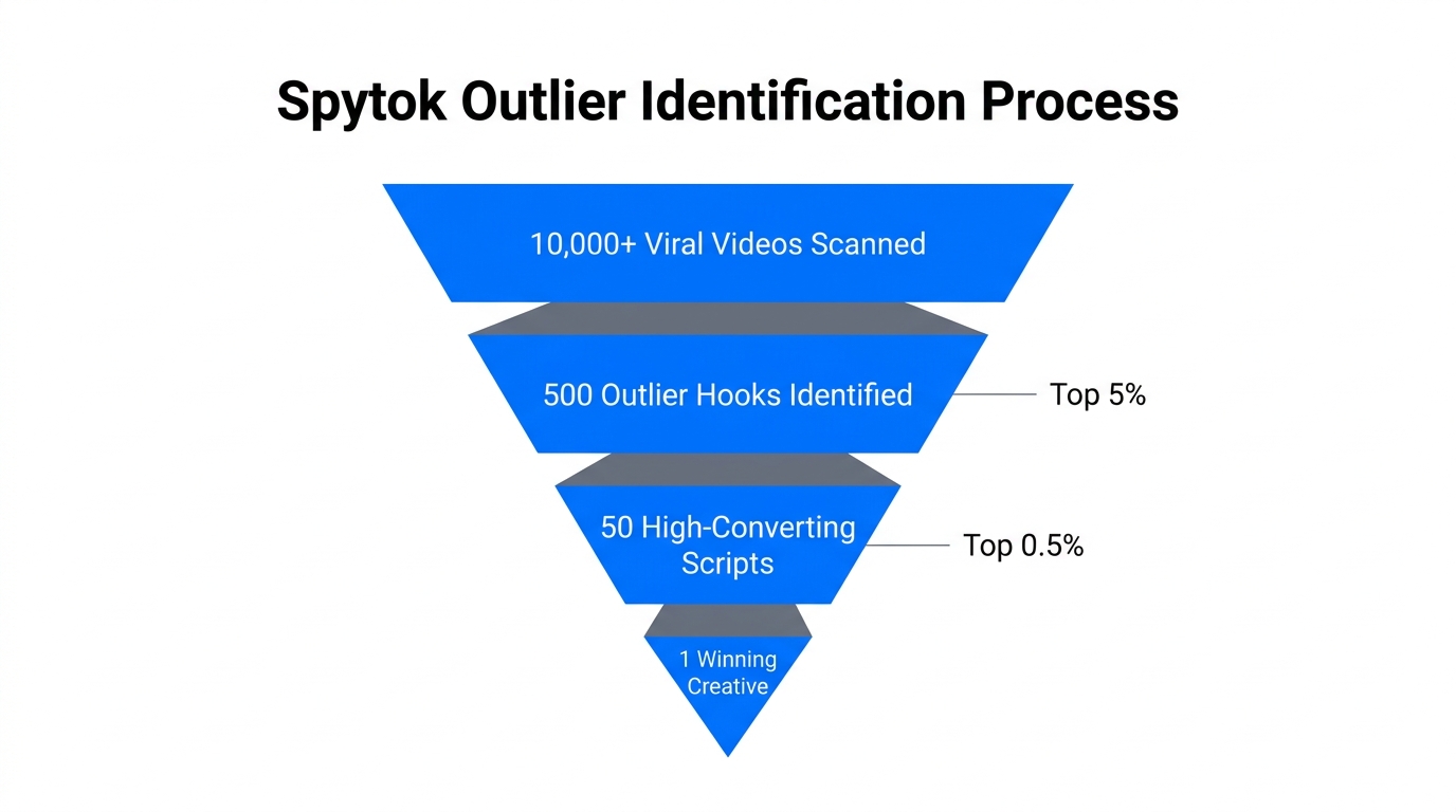 The funnel for identifying high-performing viral hooks using Spytok.