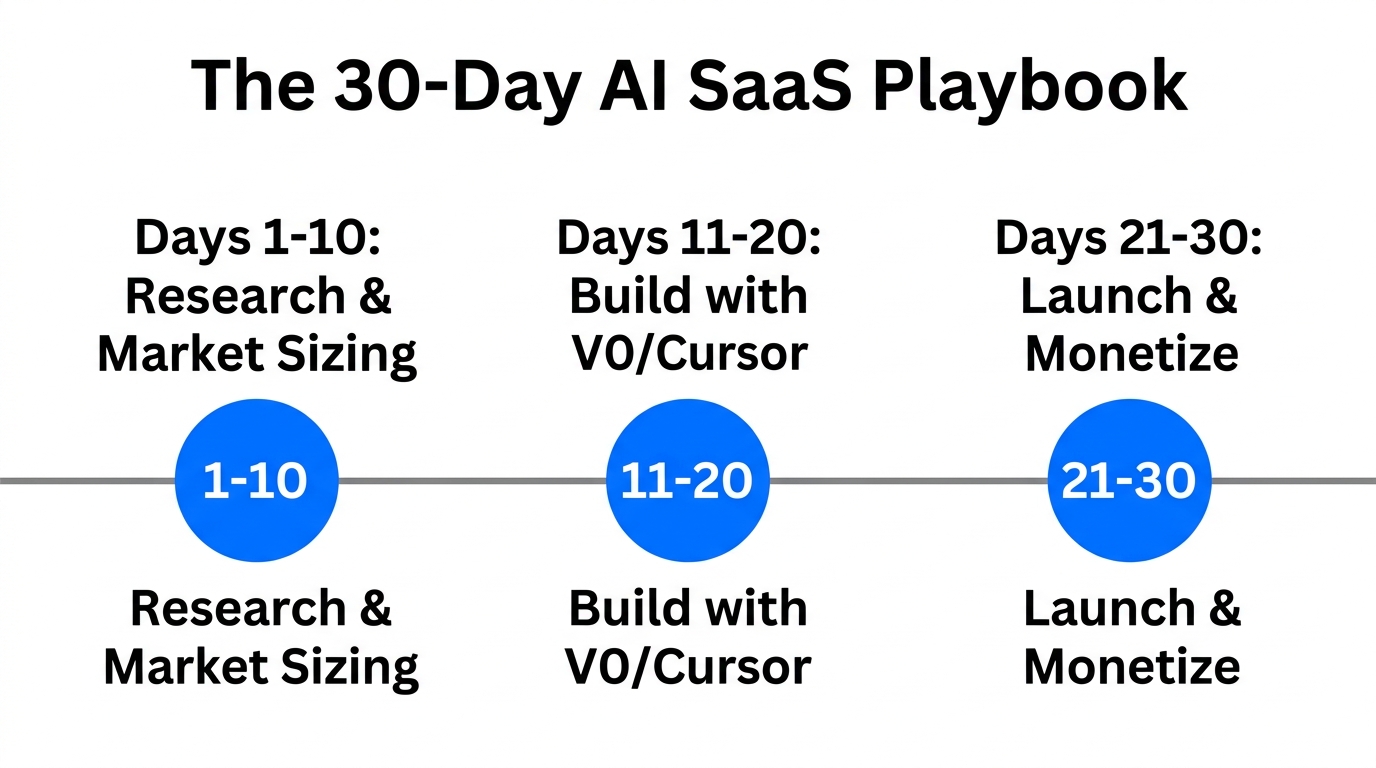 The 30-day roadmap from market research to SaaS monetization.