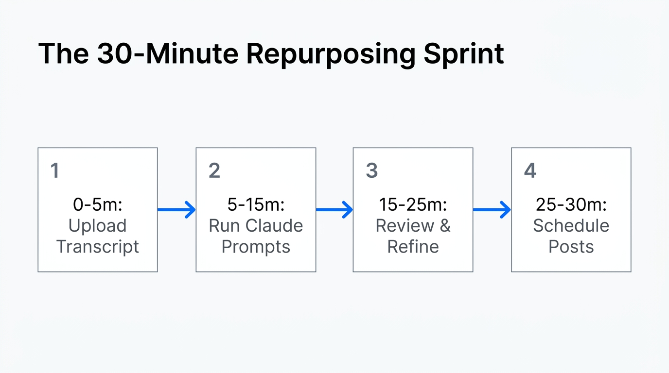 Step-by-step 30-minute workflow for rapid AI content repurposing.